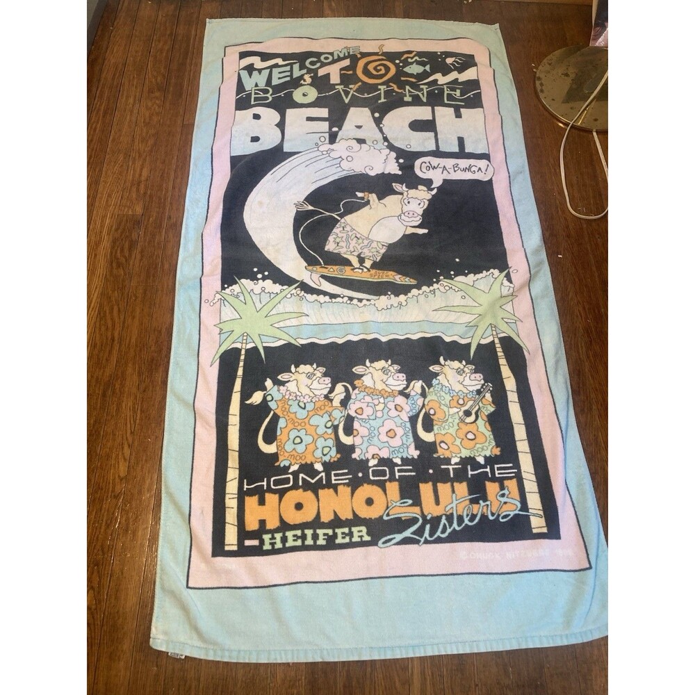 Vintage 80s Pool Towel Cows Cowabunga Chuck Nitzberg “Honolulu Heifer Sisters”